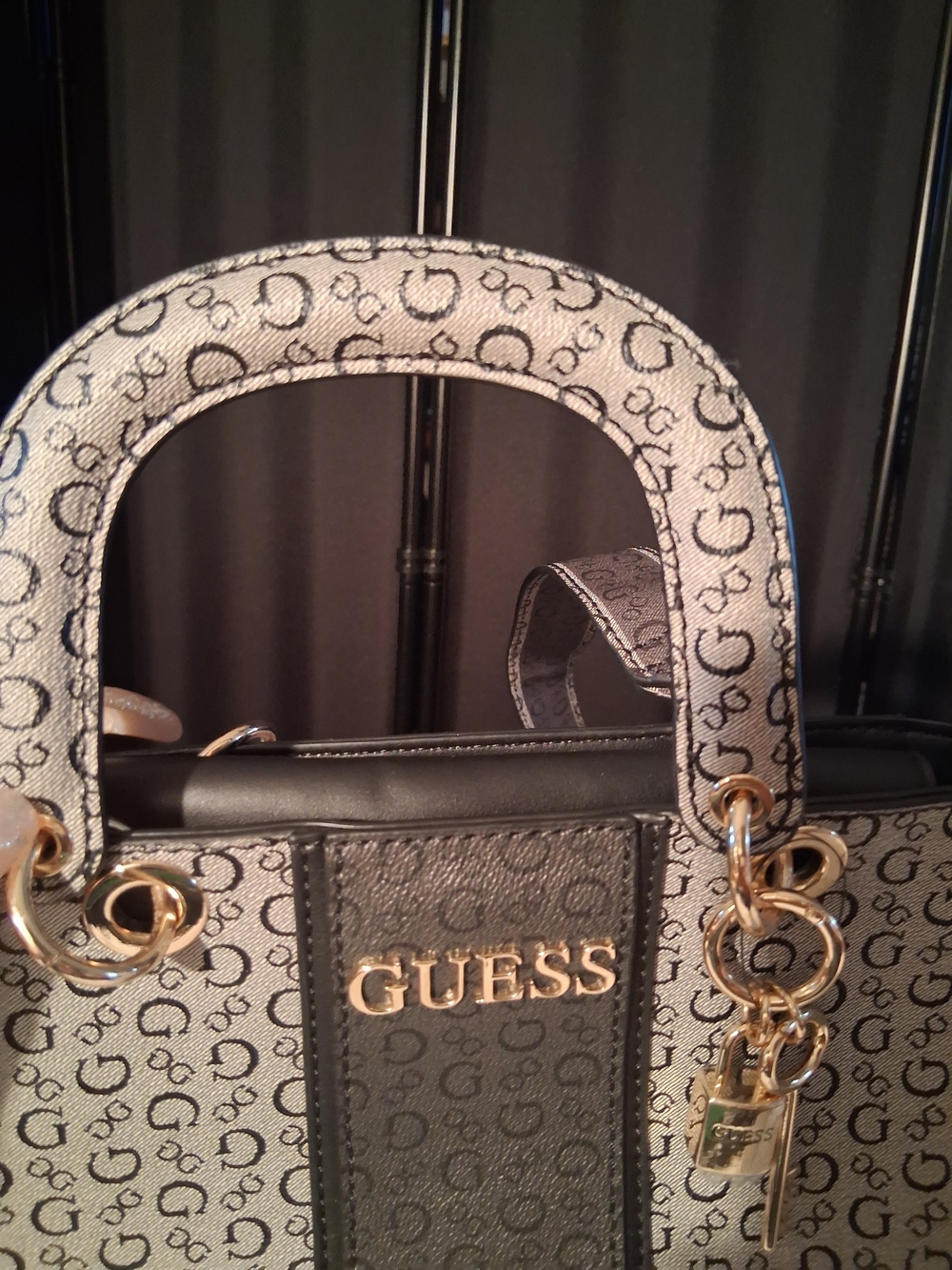 Guess Monogram Logo Satchel in Black and Gray with Gold Hardware